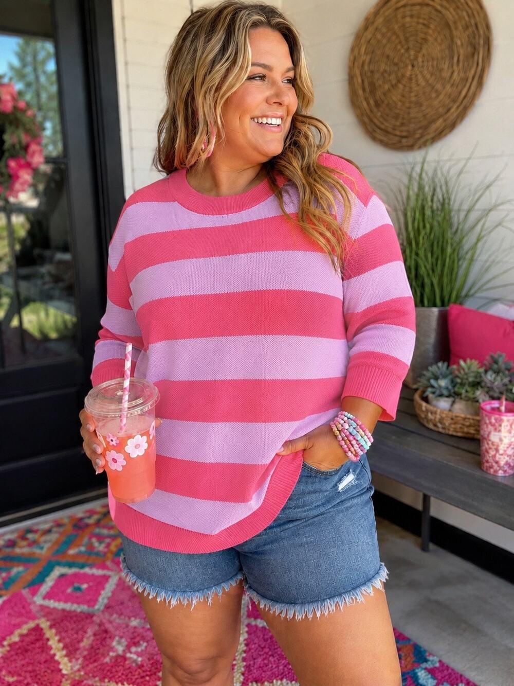 NWT Halogen Pink Bouquet Petra Striped Knit Sweater 3X